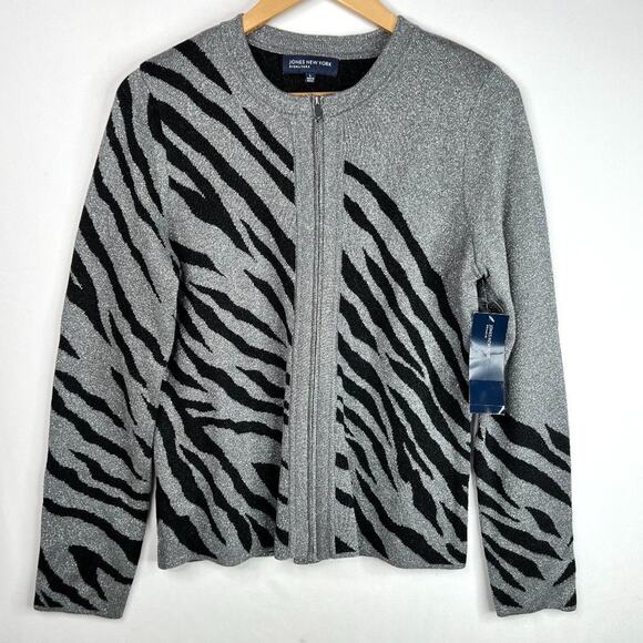 NWT Jones New York Signature Metallic Zebra Zip Cardigan LG - Picture 1 of 9